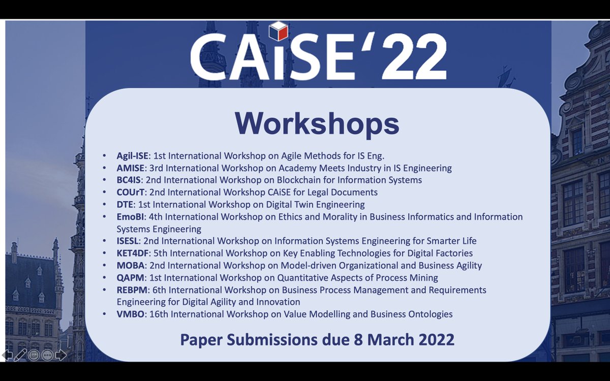 Good news! Some more time to submit your workshop paper to #CAiSE2022
Workshop Abstract submission: 22 March (Mandatory)
Workshop Paper submission: extended to 25 March!!
Take this chance to participate in what will be an unforgettable edition of @CAiSEConf!! 